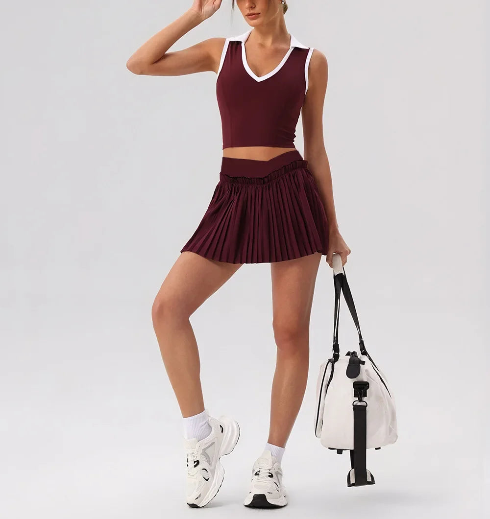 Tight Yoga Sets Women's Tracksuit Sexy Color Contrast Hollow Out Sports Bra High Waist Pleate Tennis Short Skirt Fitness Suits