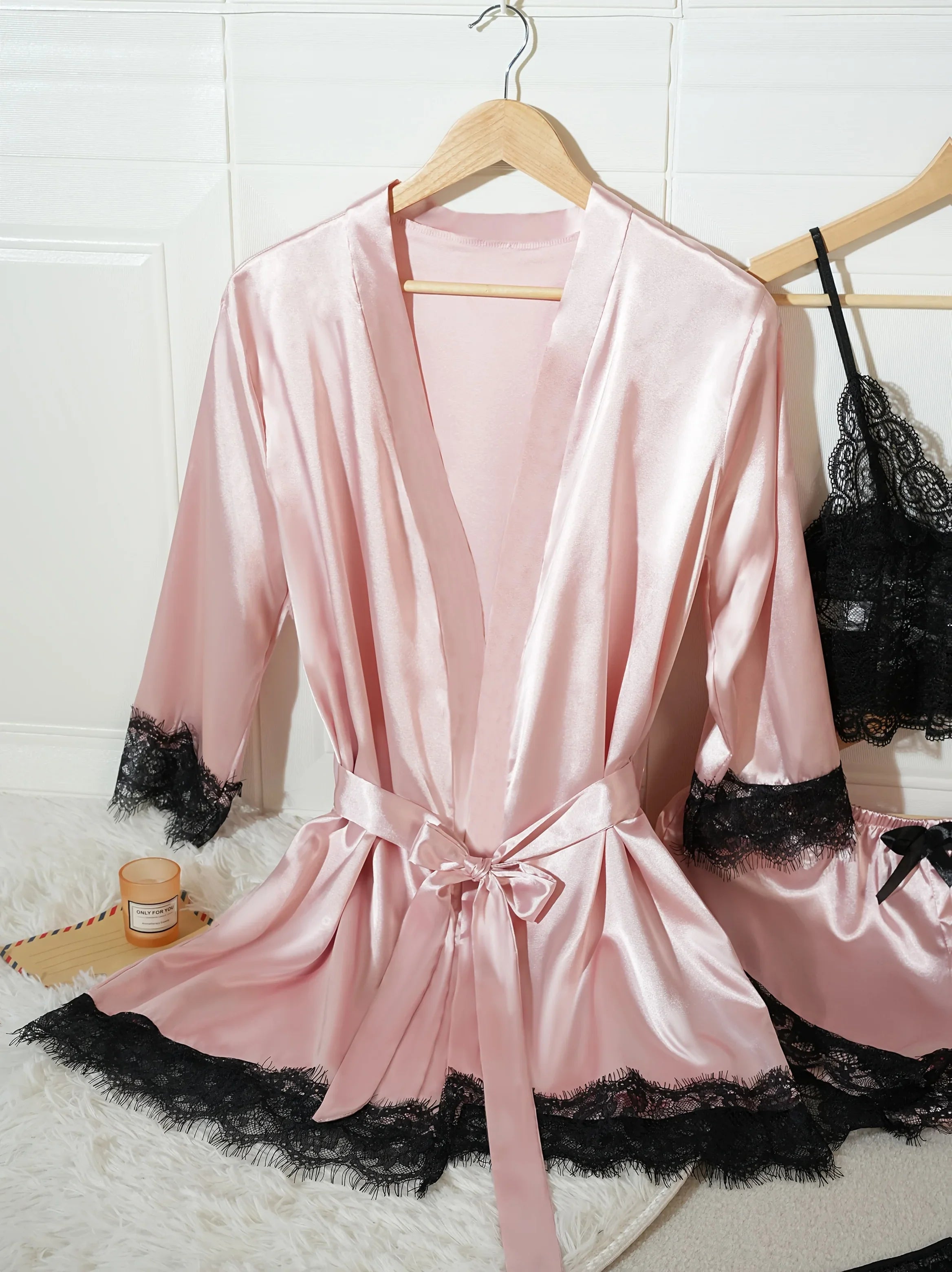 4Pcs Women Satin Pajama Set Robe Lace Lingerie Sexy Silk Nightwear Sleepwear Soft Satin Nightgown Pyjamas Nightdress Nighty Robe