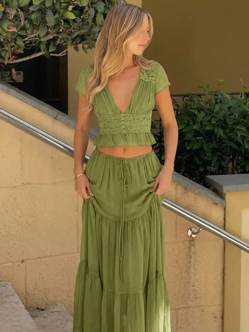 FDYOUI Sexy V-neck Lace Patchwork T-shirt Tops+Long Skirt 2 Piece Set Women's Summer Green Holiday Party Dress Suit Streetwear