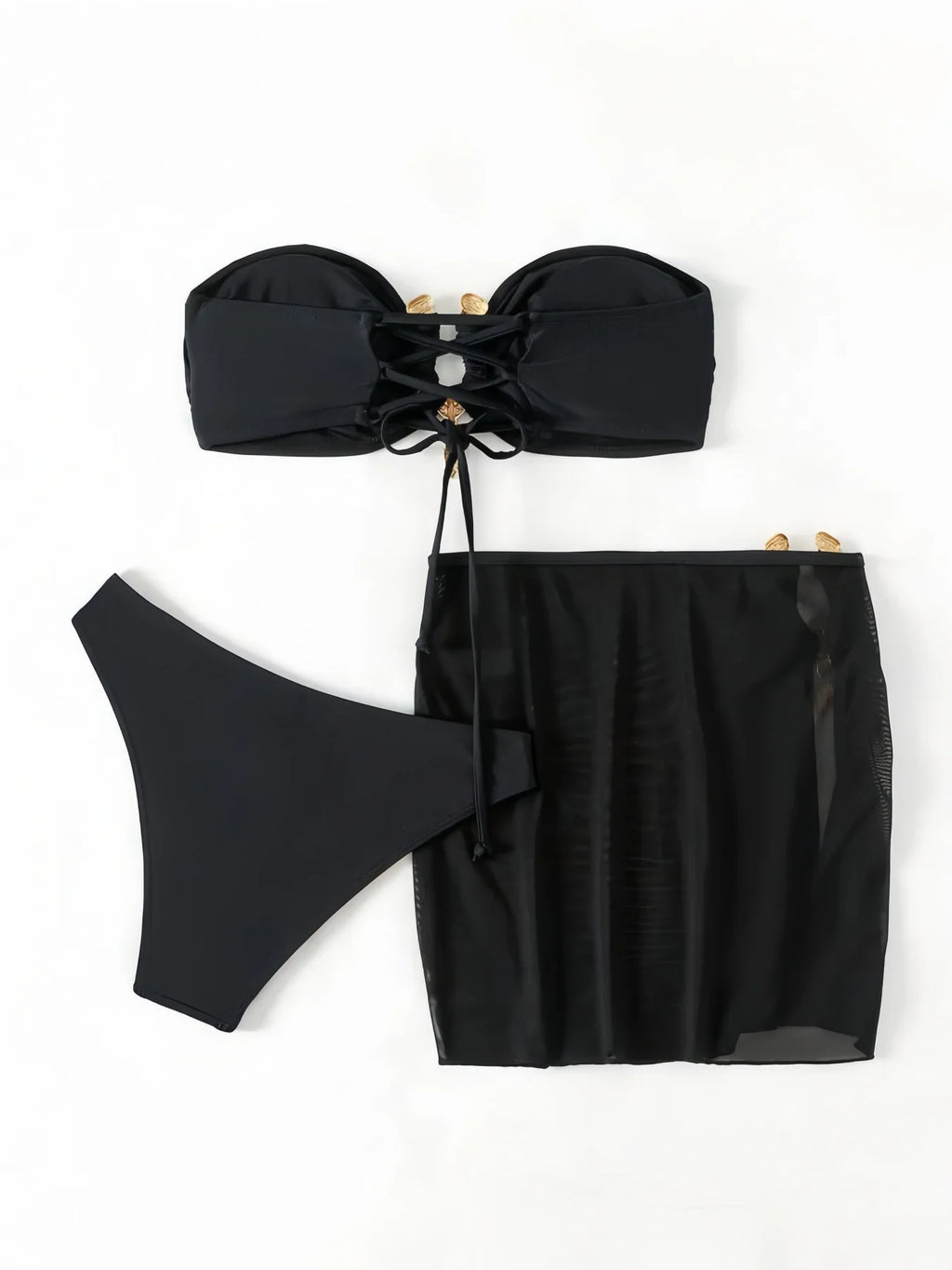 3 Pieces Ring Linked Bandeau Bikinis 2026 Solid Swimwear Female Sexy Swimsuit Women Bathers Bathing Swimming Swim Suit