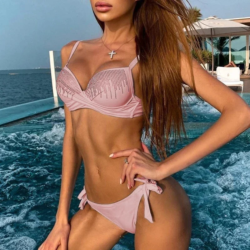Shiny Sequins Diamond Push Up Bikini 2026 Female Swimsuit Women Swimwear Two Pieces Bikini Set Bra Cup Bathing Suit Swim Lady