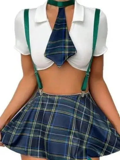 New Sexy Role Play Mesh JK Uniform Sexy Schoolgirl Outfit Women Corset Top Plaid Checkered Mini Skirt With Suspenders Charm TYHF