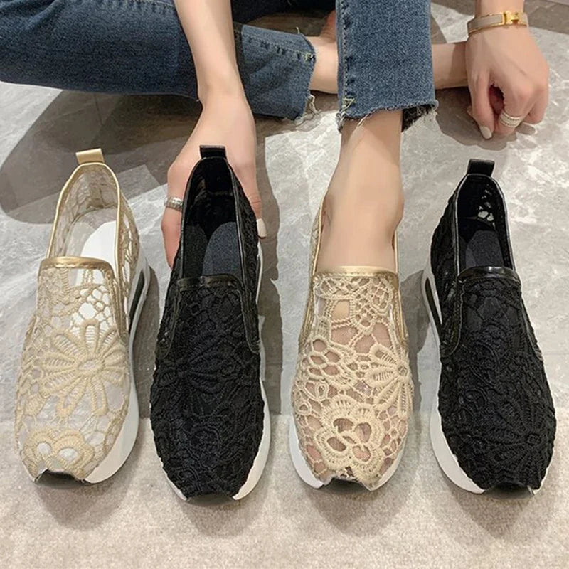 Classic Black Embroider Sneakers for Women 2025 Comfortable Breathable Mesh Casual Shoes Woman Lightweight Platform Shoes Mujer