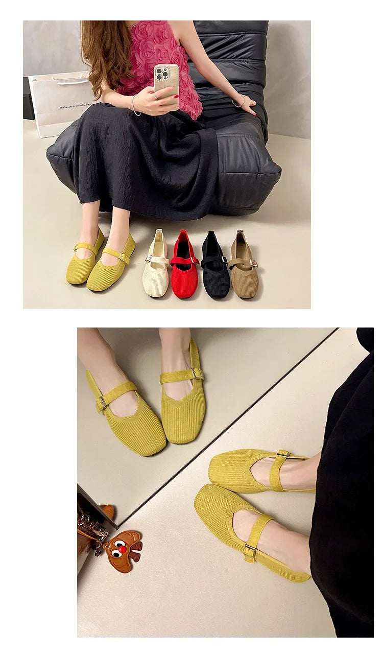 Women Flats Summer Trend Knitted Mary Jane Shoes for Woman Breathable Footwear Lightweight Casual Flat Shoes Zapatos De Mujer