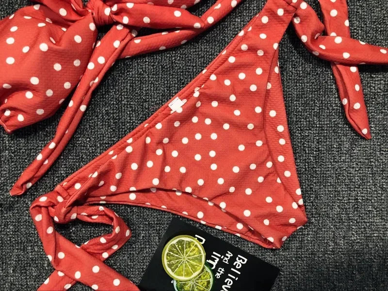 Ribbed Knotted Polka Dot Bikini 2025 Women Strapless Bandeau Swimsuit Female Swimwear Two Pieces Bikini Set Bathing Suit Swim