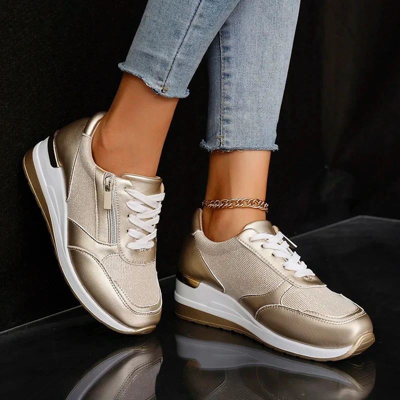 Fashion Thick Bottom Silver Sneakers Women 2025 Spring Wedge Heel Vulcanized Shoes Woman Comfortable Lace Up Sport Sneaker Mujer