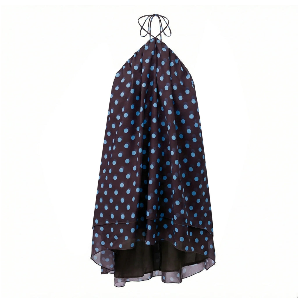 Women Summer Fashion Mini Dress Halter Neck Sleeveless Dot Print Backless High Low Hem Flowy Dresses