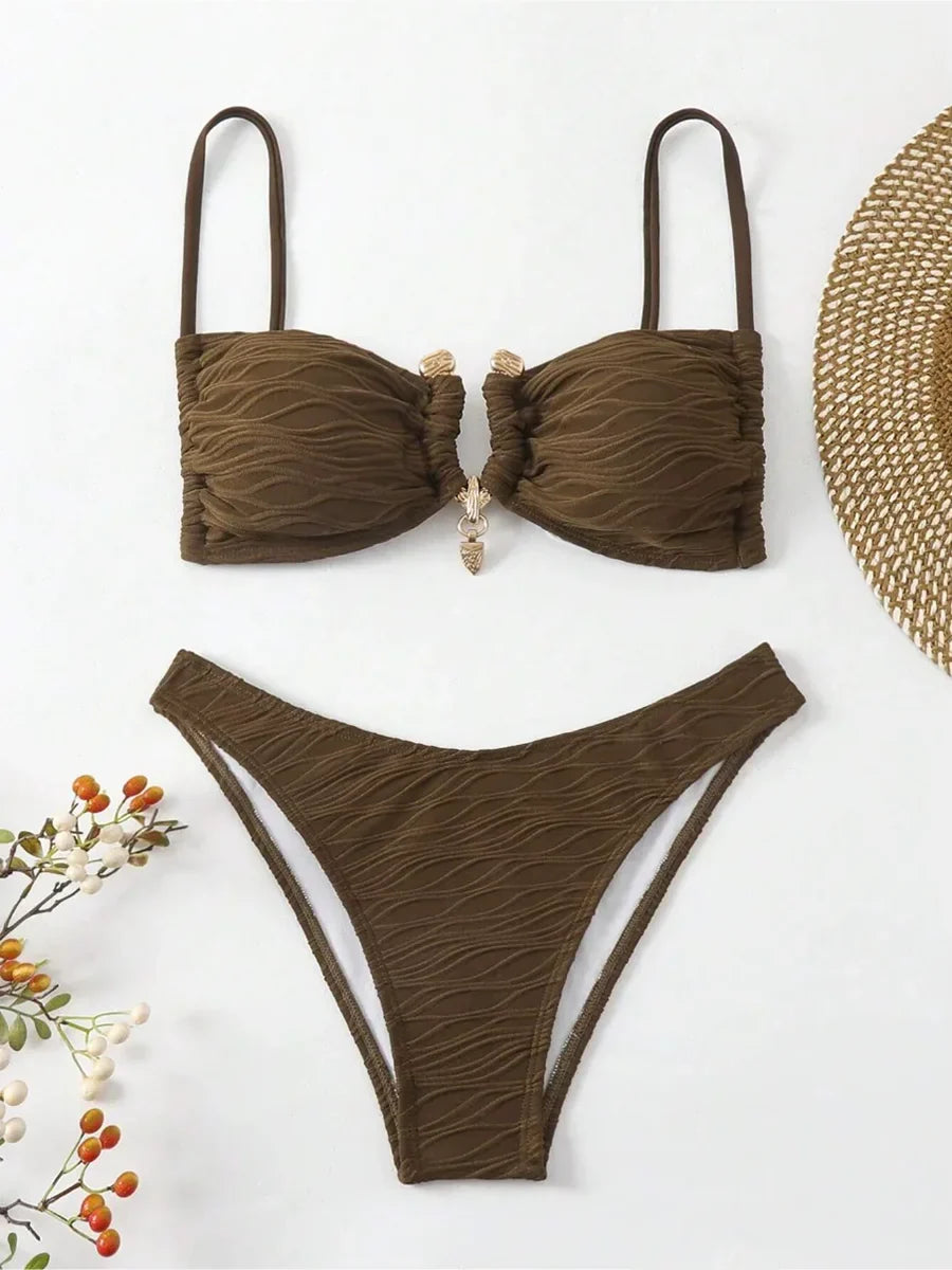 Wrinkled Crinkled Metal Ring Bikini 2025 Women Swimwear Female Swimsuit Two-pieces Bikini Set Bather Bathing Suit Swim Beachwear