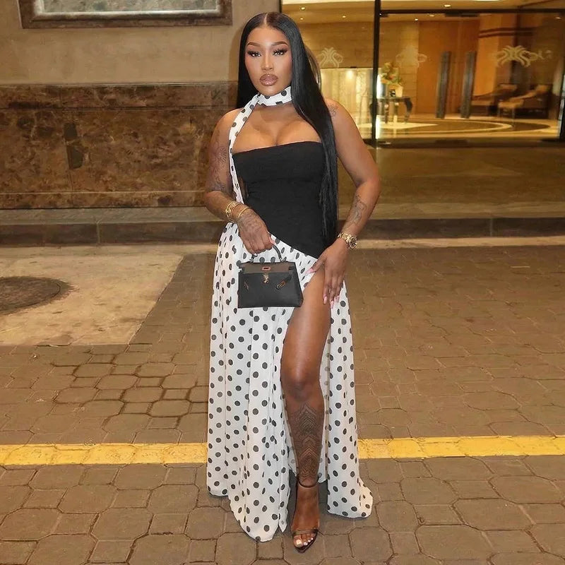 FDYOUI Elegant Bandage Polka Dot Patchwork Evening Dresses Women's 2026 Summer Off Shoulder High Slit Pleated Long Party Dress
