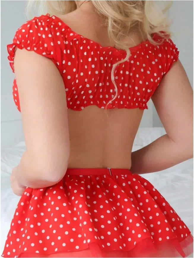 Women's Polka Dot Shoulder Revealing Puffy Skirt Set Sexy Lace Top Skirt Thongs Underwear Suits Mesh Perspective Exotic Sets