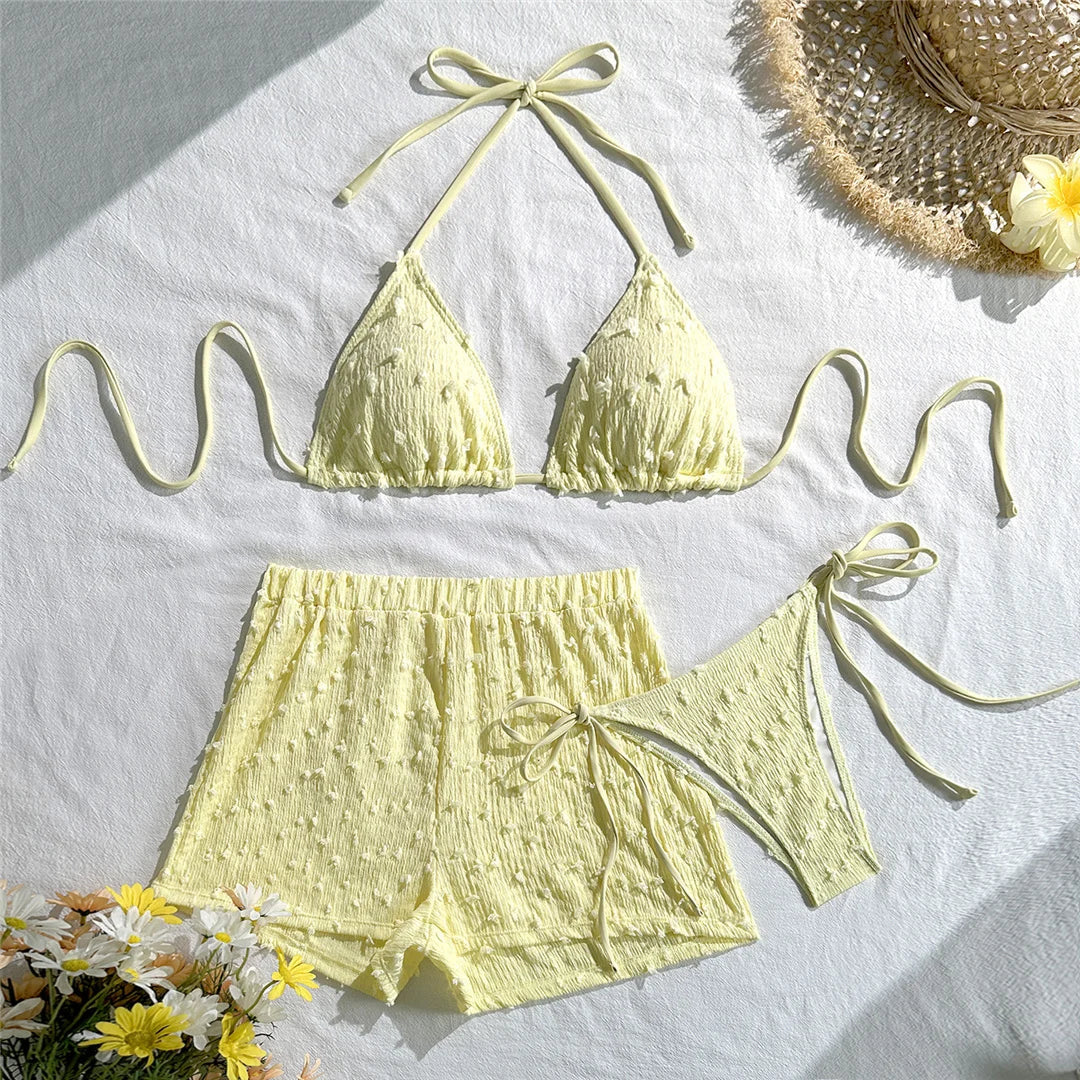 4 Colors Sexy Halter Bikini Female Swimsuit Three-pieces Bikini set With Shorts Women Swimwear Bather Bathing Suit Swim V7843W