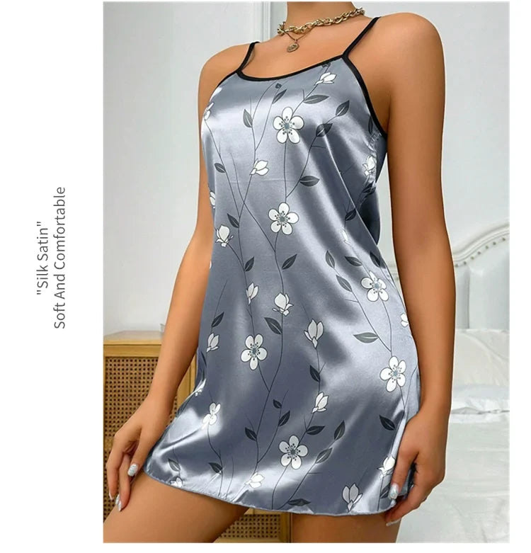 Women's Sleepwear Summer Floral Print Satin Nightgown Casual Sleeveless Backless Slip Night Dress Sexy Nightdress Home Clothes