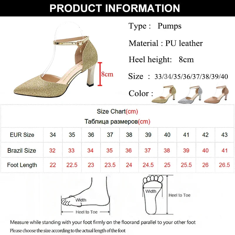 ZOKI Bling Gold Silver Women's Pumps 2024 Sexy Point Toe Thin Heel Party Wedding Shoes Woman Summer Ankle Strap High Heels Shoes