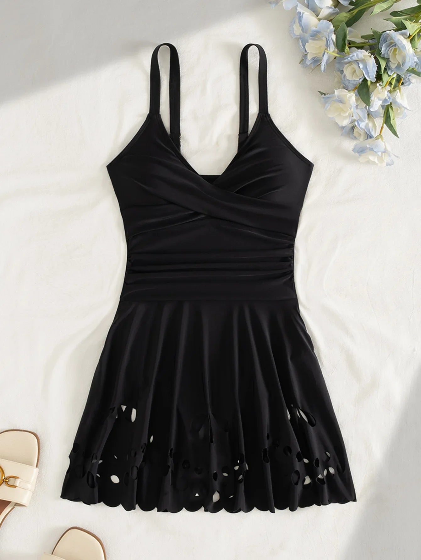 Vintage Black Skirt One Piece Swimsuit 2026 Women V Neck Cross Slim Tummy Control Swimwear Beach Holiday Bathing Suits Monokini