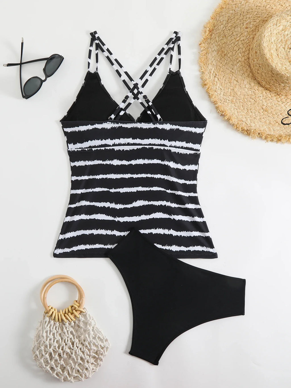 2026 Strappy Tankini Set Two Pieces Swimsuit Women Striped Swimwear Female Bathers Bathing Swimming Swim Suit Beachwear XXL