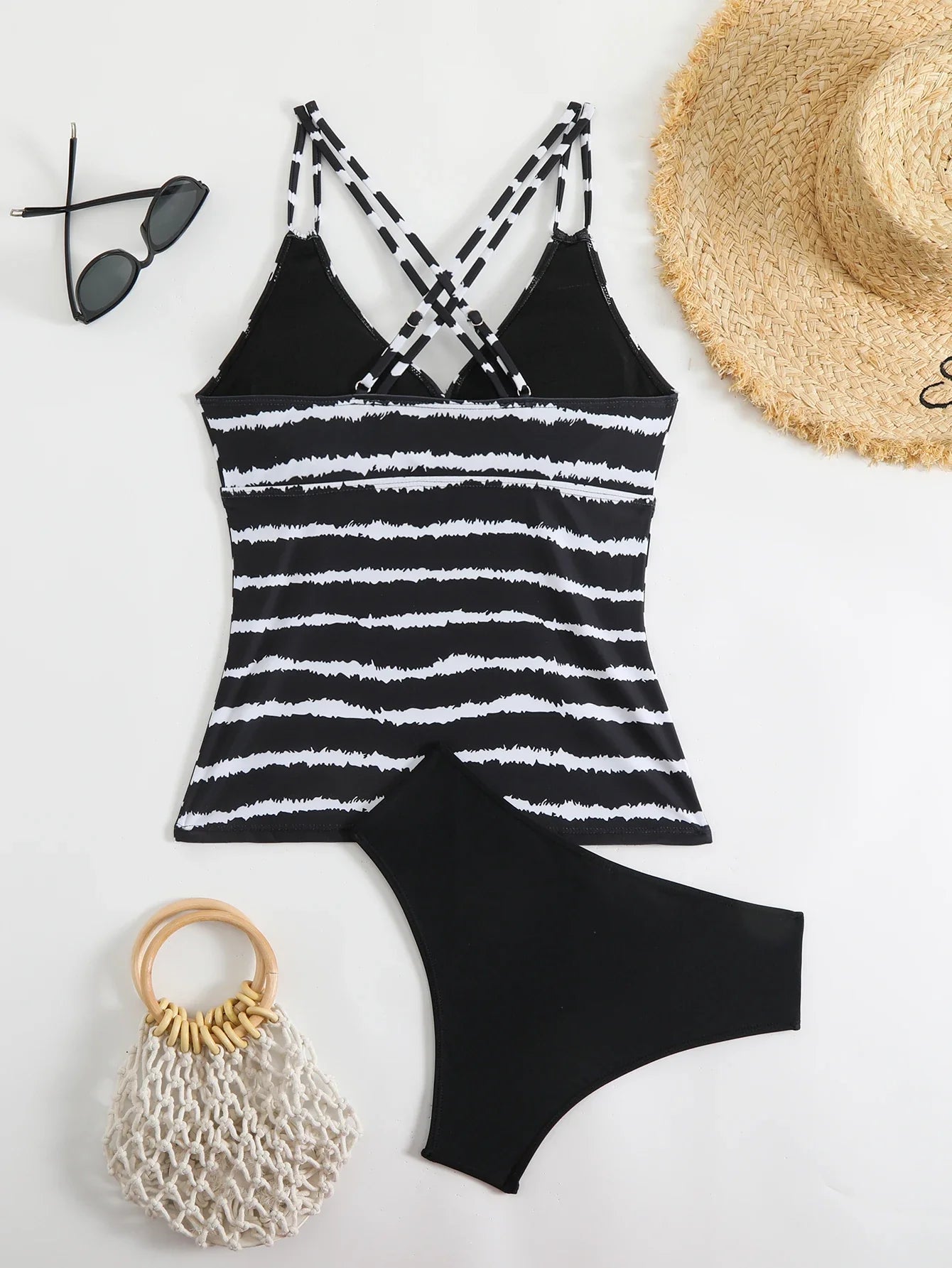 2026 Strappy Tankini Set Two Pieces Swimsuit Women Striped Swimwear Female Bathers Bathing Swimming Swim Suit Beachwear XXL