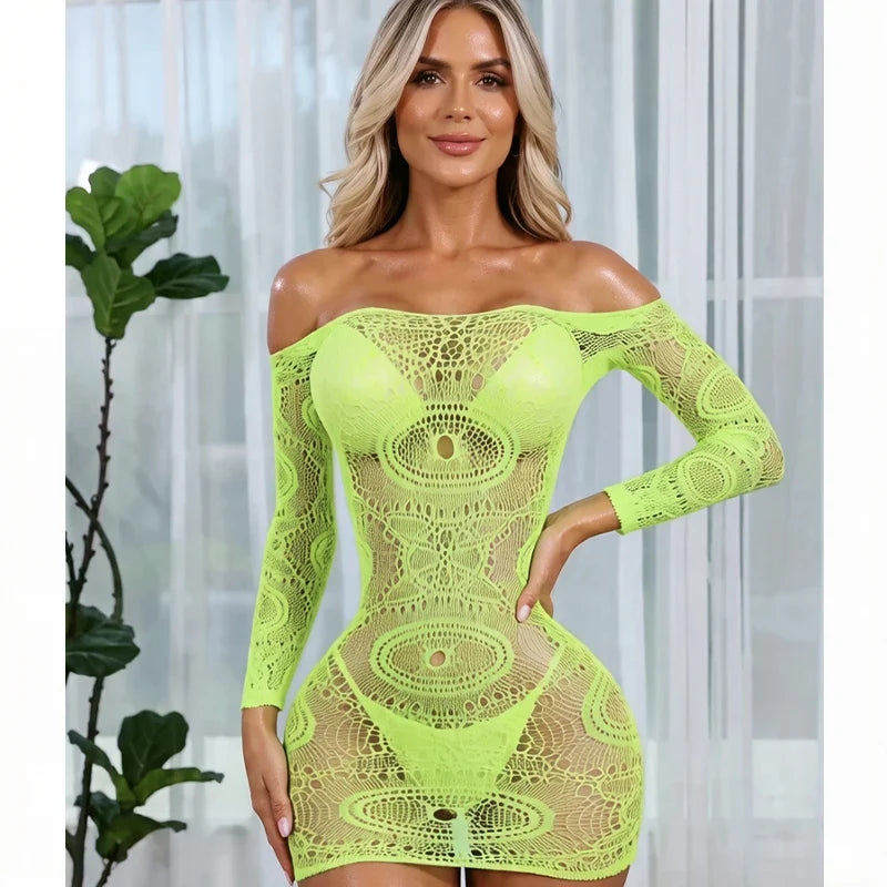 1 PC Women Sheer Mesh Long Sleeve Beach Cover Up Sexy See-Through Fishnet Bodycon Dress for Summer No Bikini Included