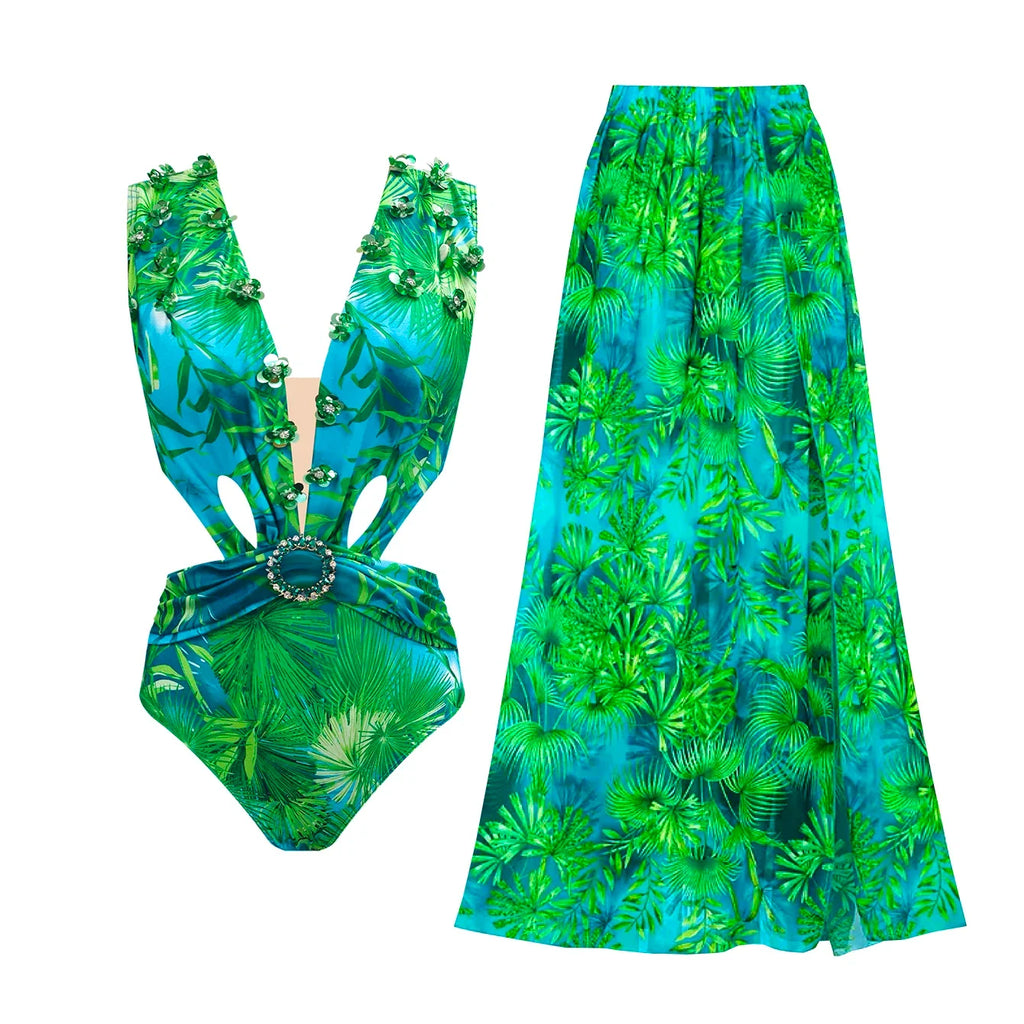 2026 New Elegant Women Swimsuit With Skirt High Waist Swimwear Cover-up Female Skirts Fashion Printed Dress Beachwear