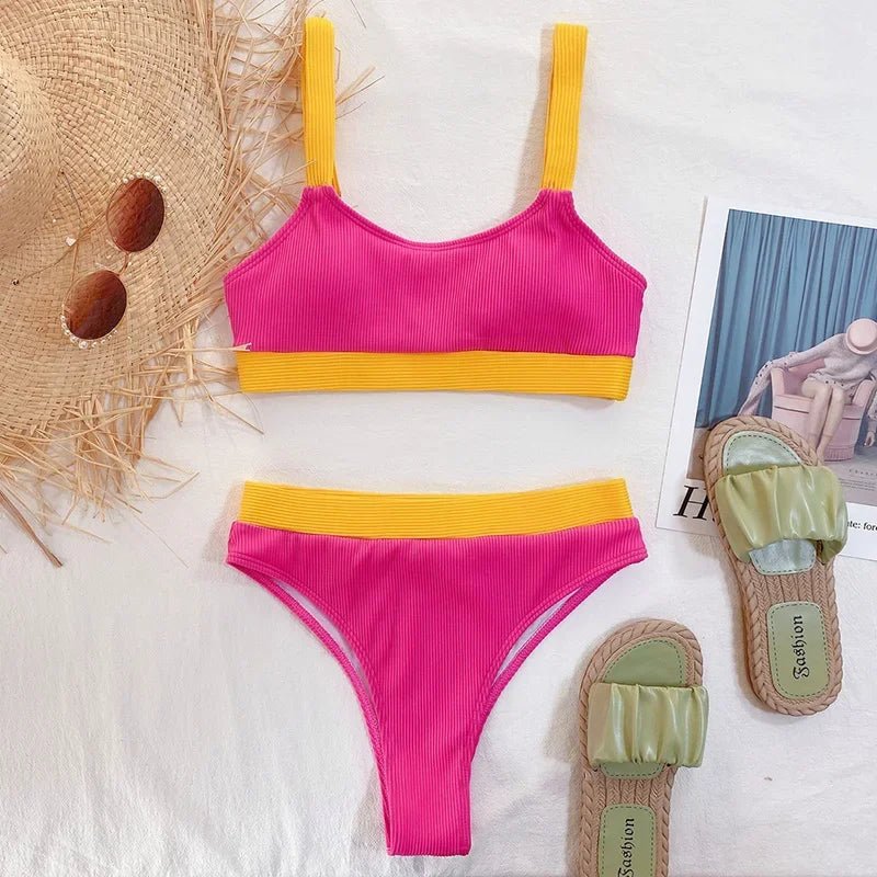 Sexy Splicing Ribbed Bikinis High Waist Bikini 2026 Female Swimsuit Women Swimwear Two-pieces Bikini Set Bathing Suit Swim Lady