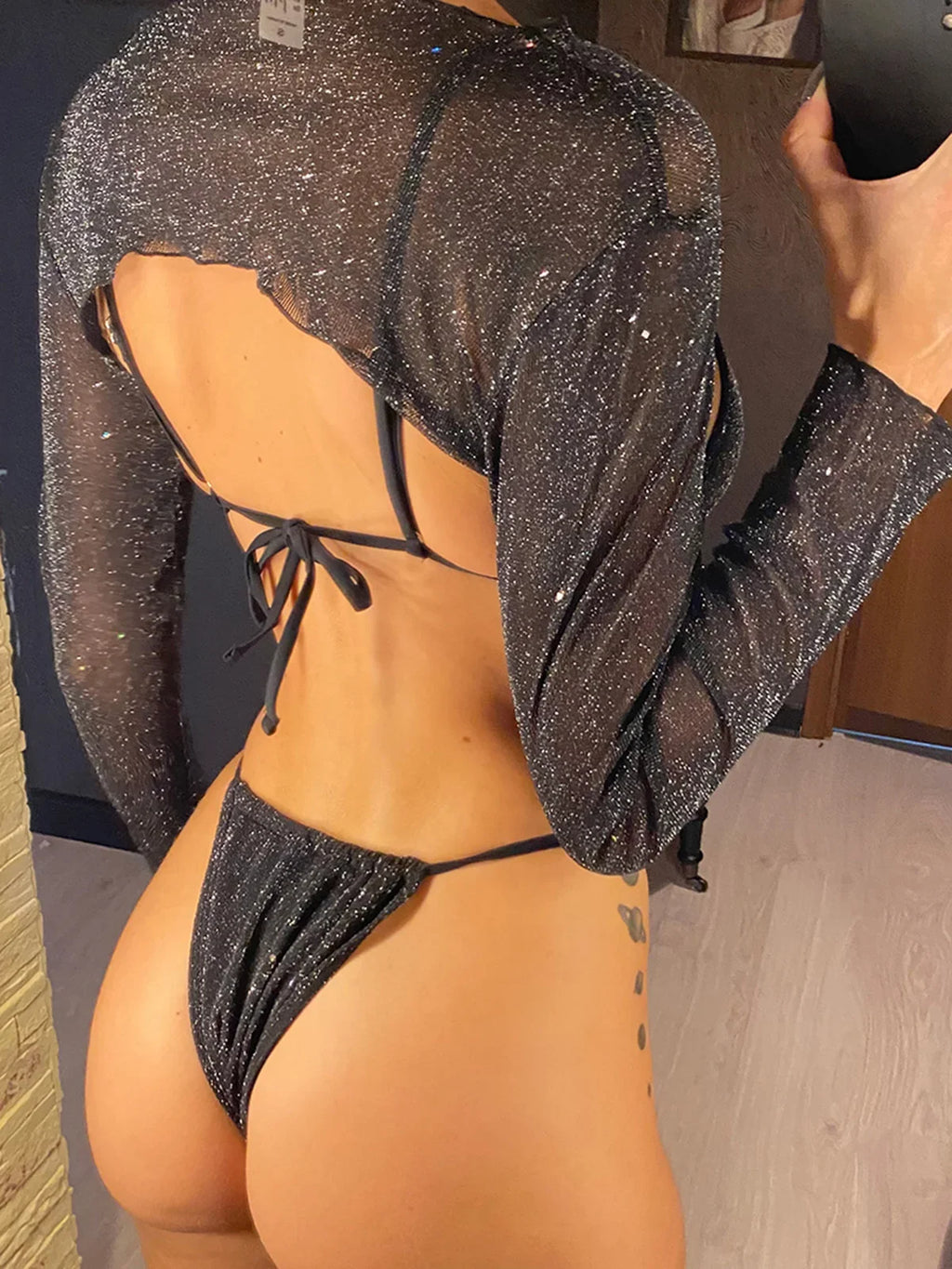 Sexy With Long Sleeves Cover Bling Bikini Female Swimsuit Women Swimwear Three-Pieces Bikini Set Bather Bathing Suit Swim V3711