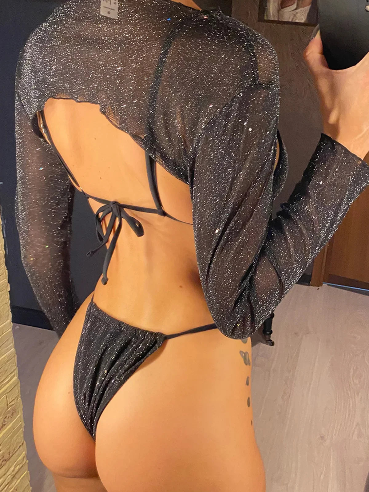 Sexy With Long Sleeves Cover Bling Bikini Female Swimsuit Women Swimwear Three-Pieces Bikini Set Bather Bathing Suit Swim V3711