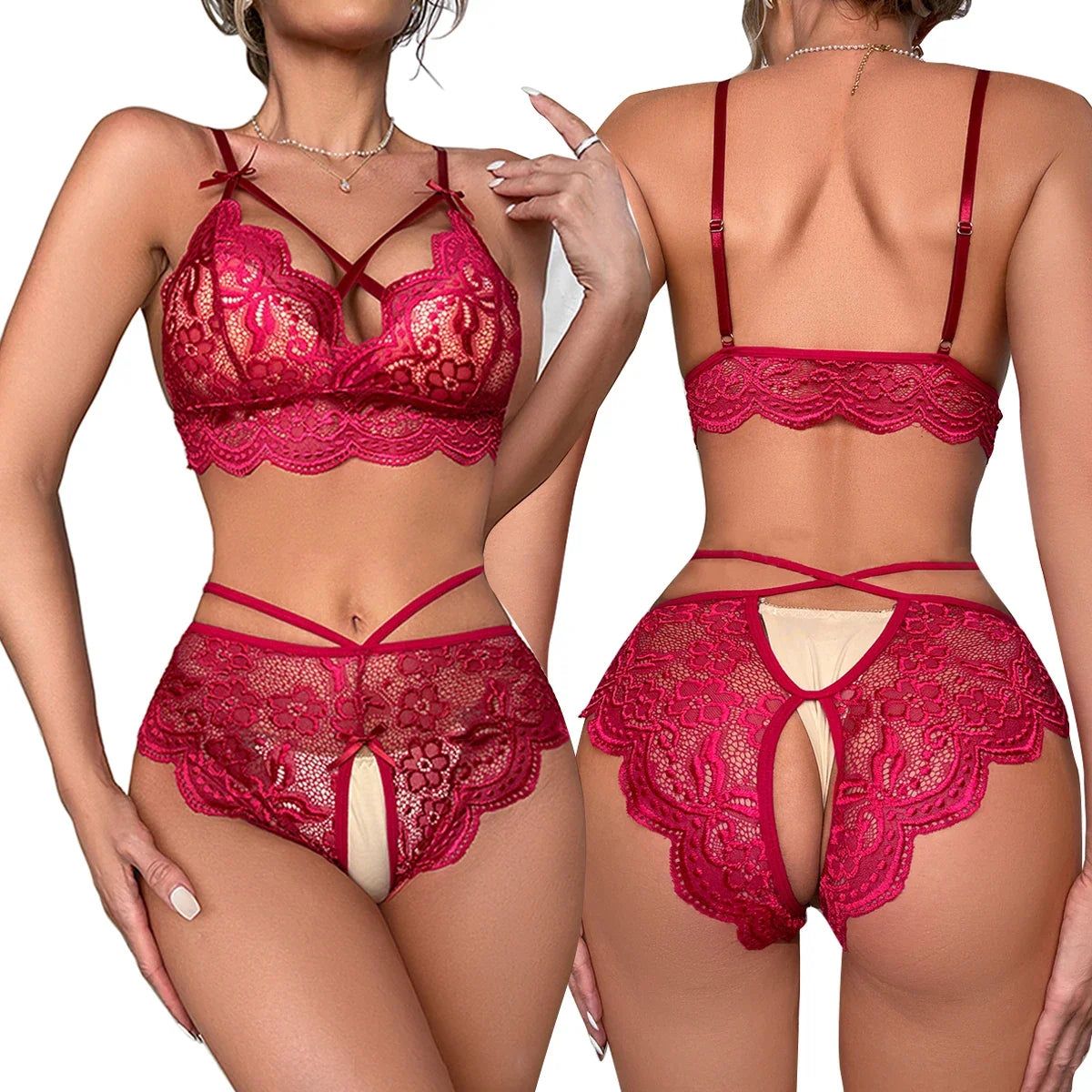 Comfortable Lace Sexy Lingerie Women Bra And Panty Set See Through Lingerie Sets Open Crotch Female Underwear Erotic Costumes
