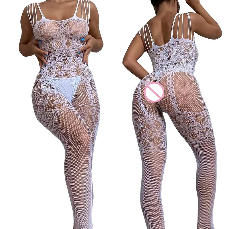White Hollow Crotchless Lingerie For Women Sexy Underwear Transparent Bodystockings Erotic Costumes Nightclub Sexiest Body Suits