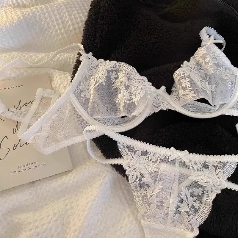 French Lace Bra & Panty Set w/Steel Rings Ultra-Thin Push-Up Bralette Small Bust Sheer White Sexy Lingerie Pure Seductive Style