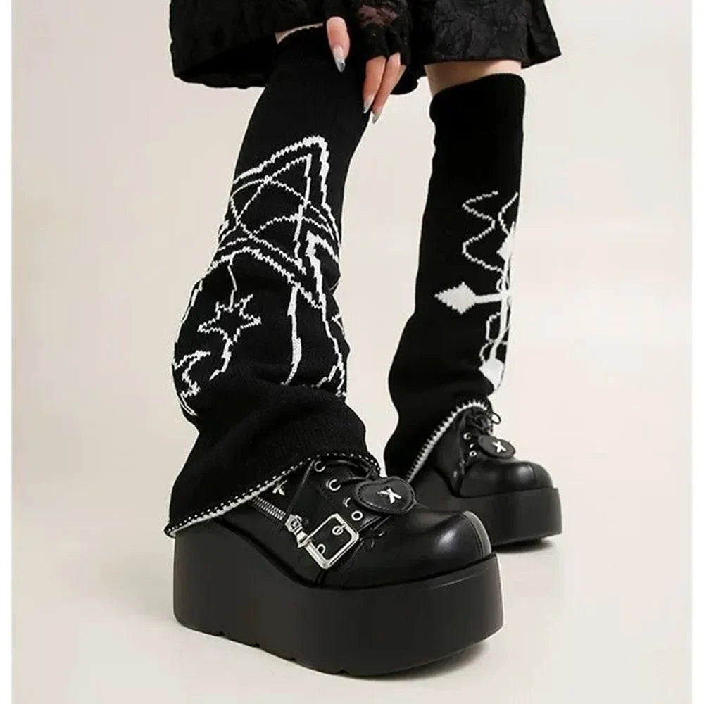 Size 42 Gothic Black Platform Creepers Shoes White Smooth Faux Leather Goth Creepers E-girl Chunky Lace Up Lolita Casual Shoes