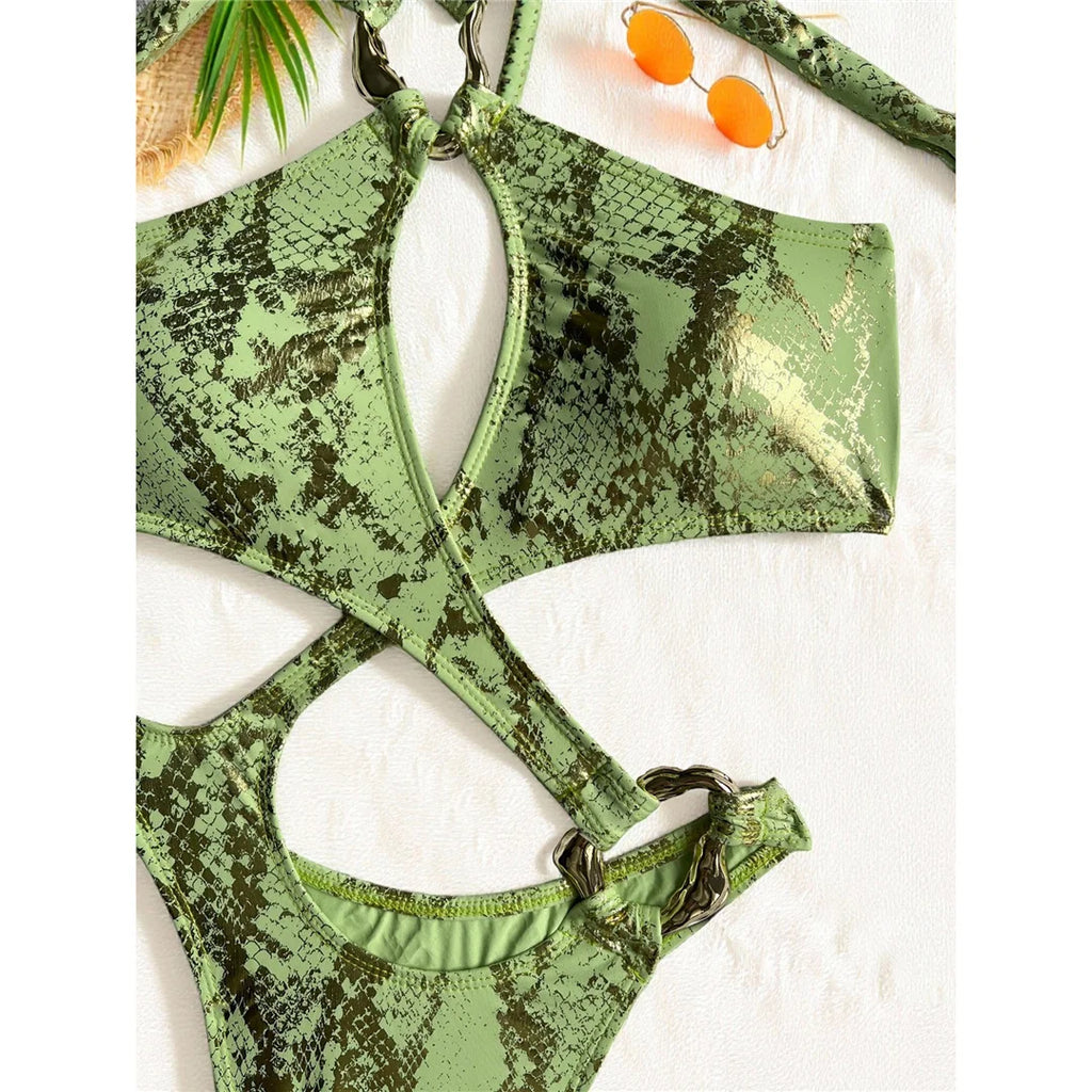 Sexy Tummy Cut Out Leopard Snakeskin Women Swimwear One Piece Swimsuit Female Halter High Cut Leg Bather Bathing Suit Swim V7972