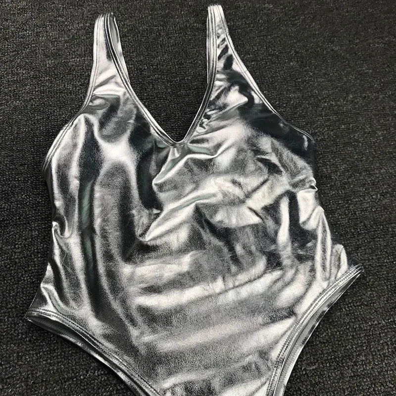 Shiny PU Faux Leather Women Swimwear One Piece Swimsuit Female Monokini High Cut Bikini Set Bathing Suit Swim Beachwear Bodysuit