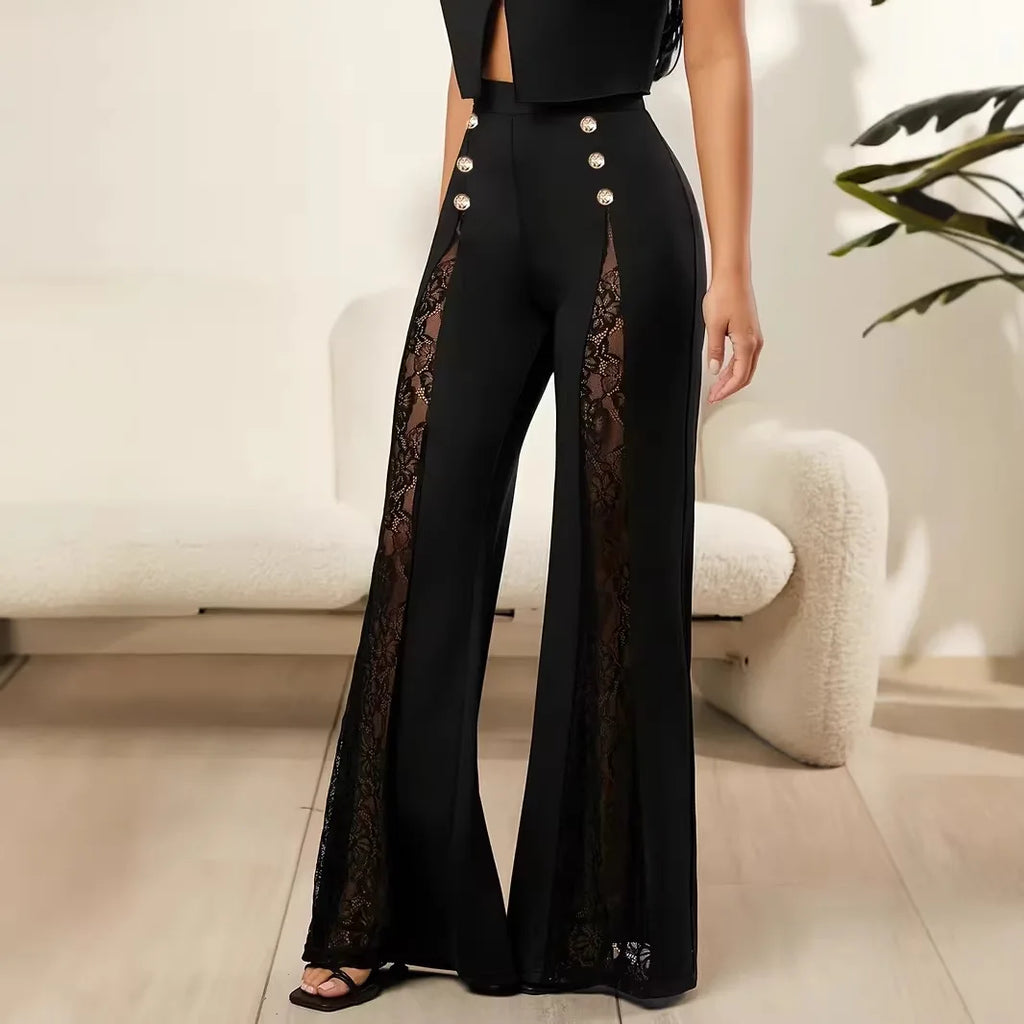 2026 Women's Solid Color Lace Spliced   Flare Pants Trousers