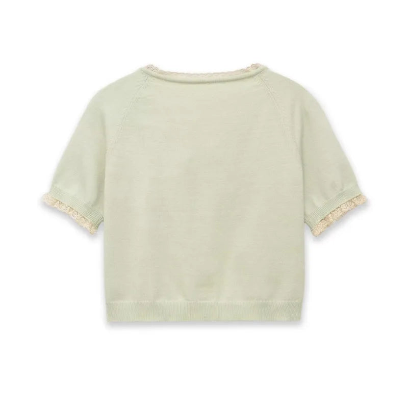 Women's Fashion Short Sleeve Round Neck Bow Lace Knit Solid Color Light Green Lace Trim Front Short Sleeve Knit Casual Top MDTM