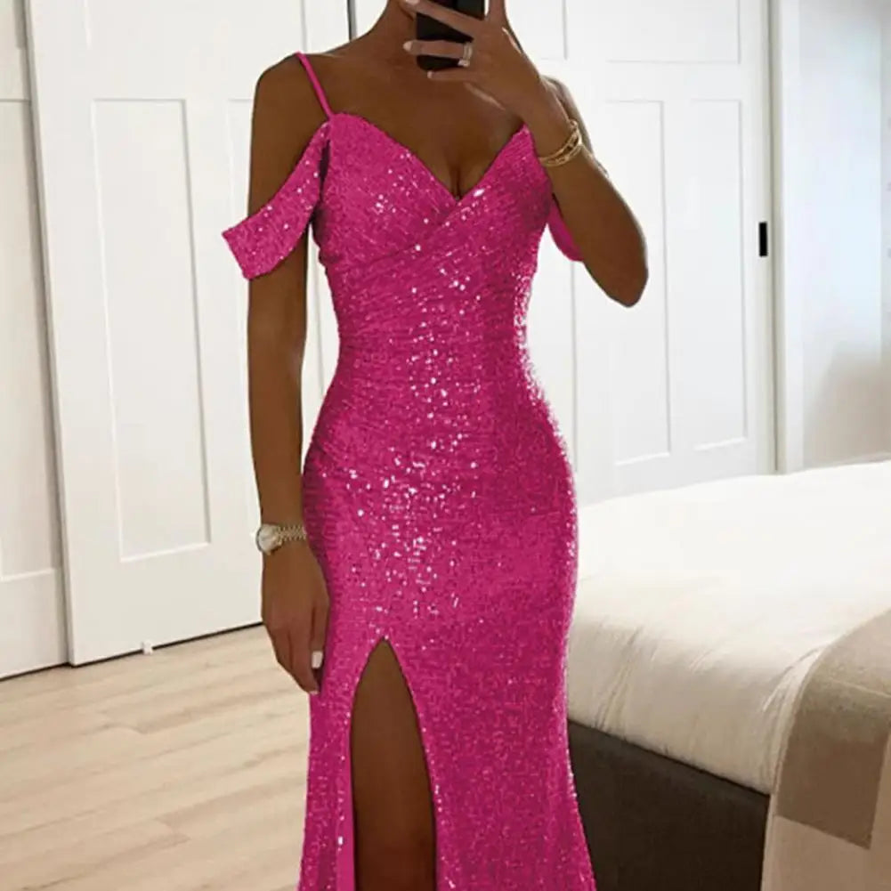 Women Evening Dress Off Shoulder V Neck Side Slit Floor Length Sequin Ball Gown Sleeveless Prom Wedding Party Banquet Maxi Dress
