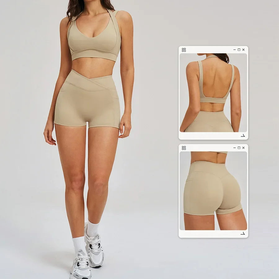 Women' Sports High Waist Shorts Set Fitness Cycling Elastic Sports Pants Yoga Bra Set Gym Sportswear Workout Set Athletic