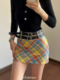 Plaid Double Waistband A-line Short Skirt  Women American Style Street High Waist Casual Collision Color Wrap Hip Skirt OJR7