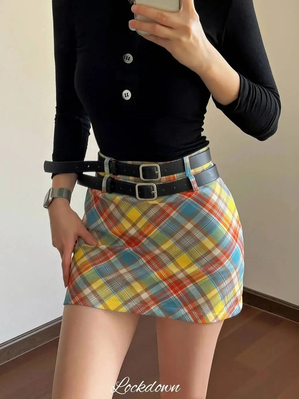 Plaid Double Waistband A-line Short Skirt  Women American Style Street High Waist Casual Collision Color Wrap Hip Skirt OJR7