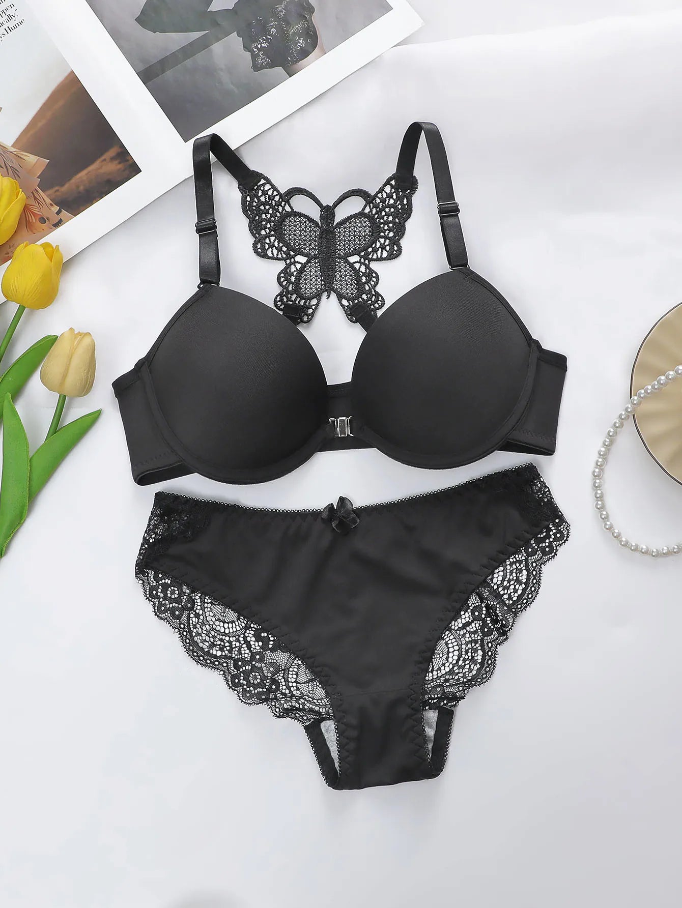 Women's Sexy Lace Set With Butterfly Design At the Back and The Front Closure Bra With Steel Ring Pretty Underwear Panty A2120