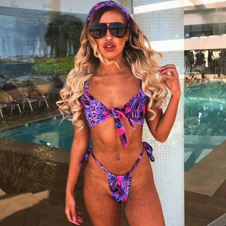 Sexy Bikini Women Push Up Swimwear Swimsuit Colorful Print Bowknot Bikinis Set Bathing Suit Beach Bikini Female with Headband