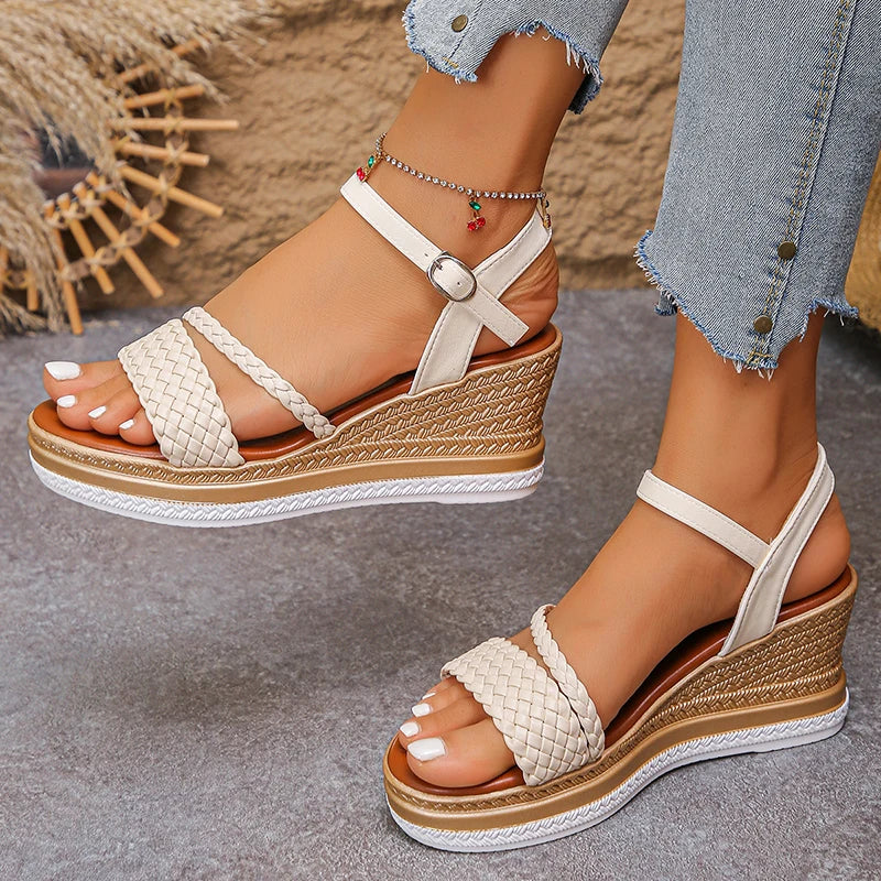 2026 Weave Wedge High Heel Sandals Women Summer Chunky Platform Rome Sandals Woman Plus Size 43 Ankle Buckle Thick Sole Sandles