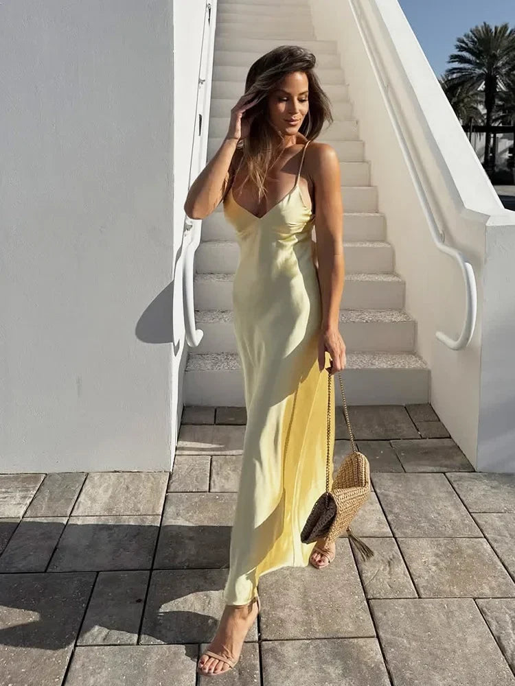 Foridol V Neck Backless Satin Long Dress Women Sexy Beach New in Maxi Summer Dress Spaghetti Strap Yellow Party Vestidos 2025