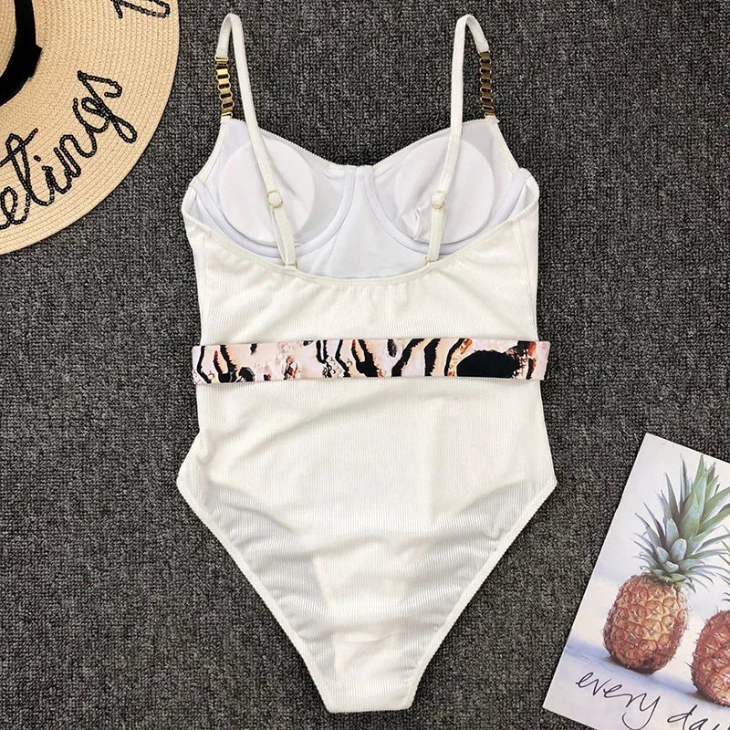 Ribbed Push up Underwired Metal Chain Women Swimwear One Piece Swimsuit Female Waist Belt Monokini Bather Bathing Suit Swim Lady