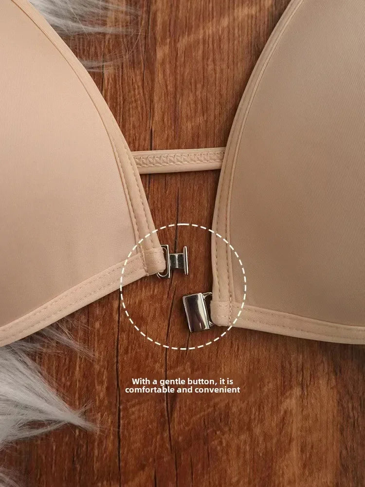 MOYISU French Style Triangle Bra Thin Strap Halter Neck Invisible Front Fastening Elegant Wireless Bralette Sophisticated AB Cup