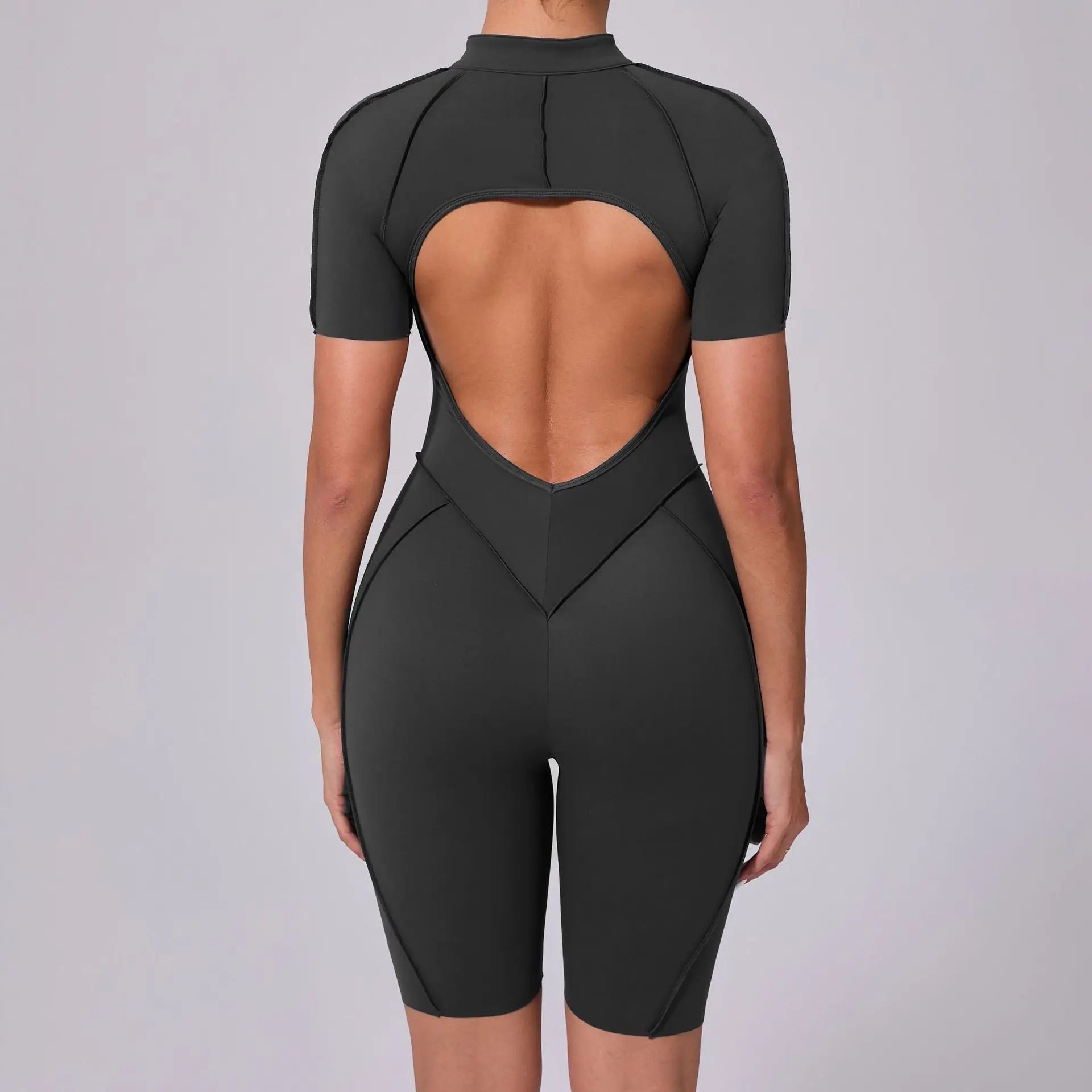 Summer Zipper Short Sleeve Yoga Jumpsuit Women Outerwear Sports Fitness Hip-lifting Backless One-piece Workout Gym Tracksutis