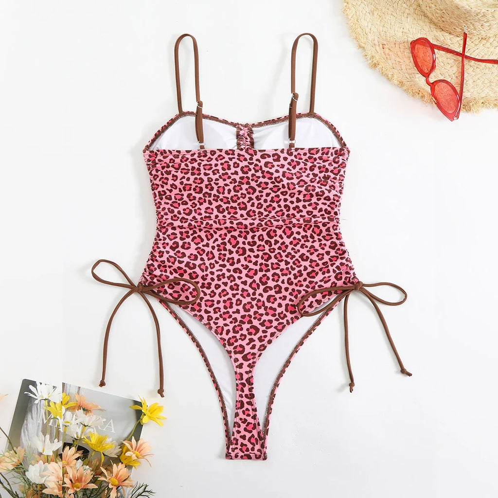 2026 Srappy Swimsuit One Piece Leopard Drawstring Swimwear Women Bathers Bathing Swimming Swim Suit Padded Beachwear Summer