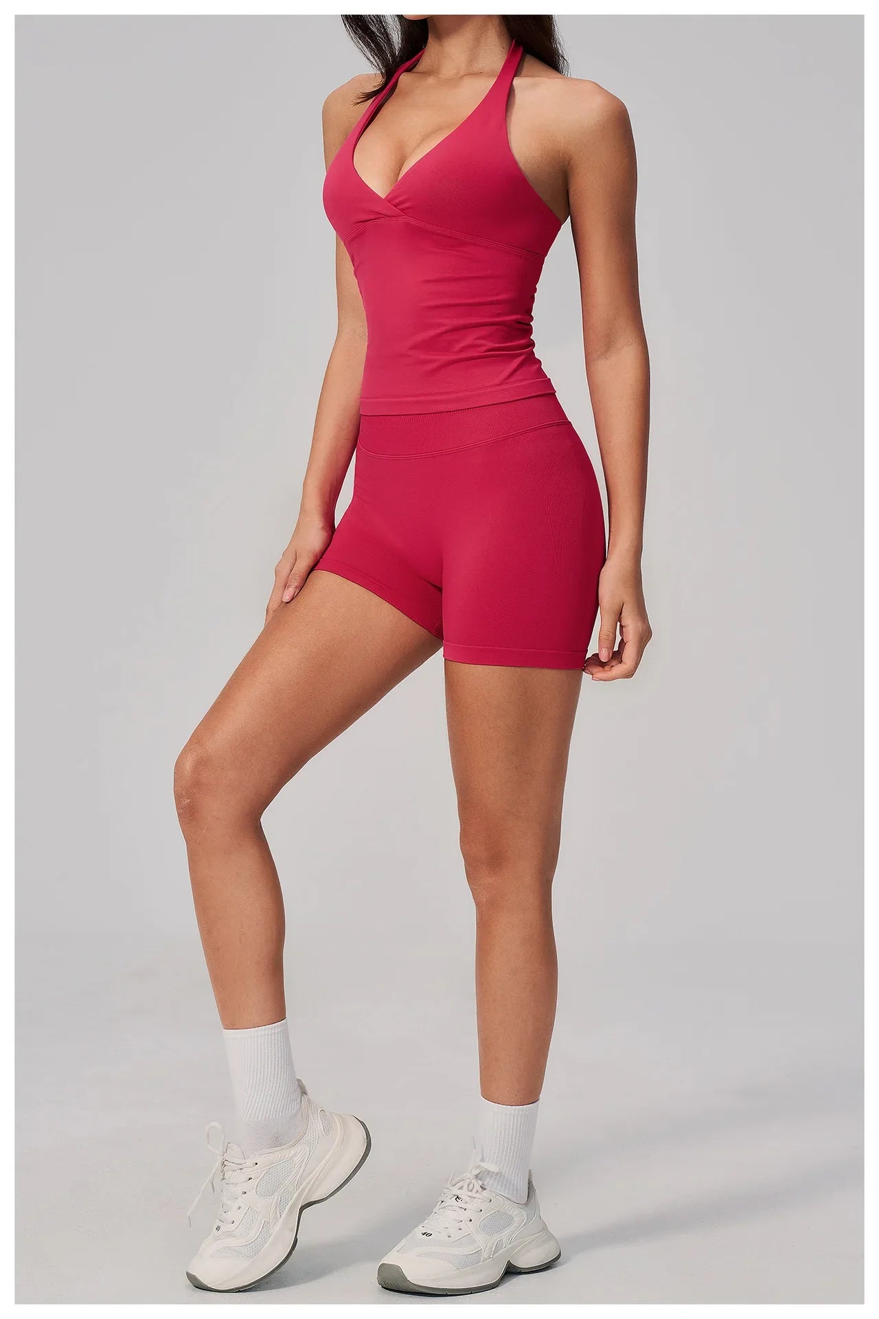 New Seamless Yoga Thread Set Women Hanging Neck V Neck Slim Sports Tank Top Hip Lifting Abdominal Tightening Shorts Fitness Suit