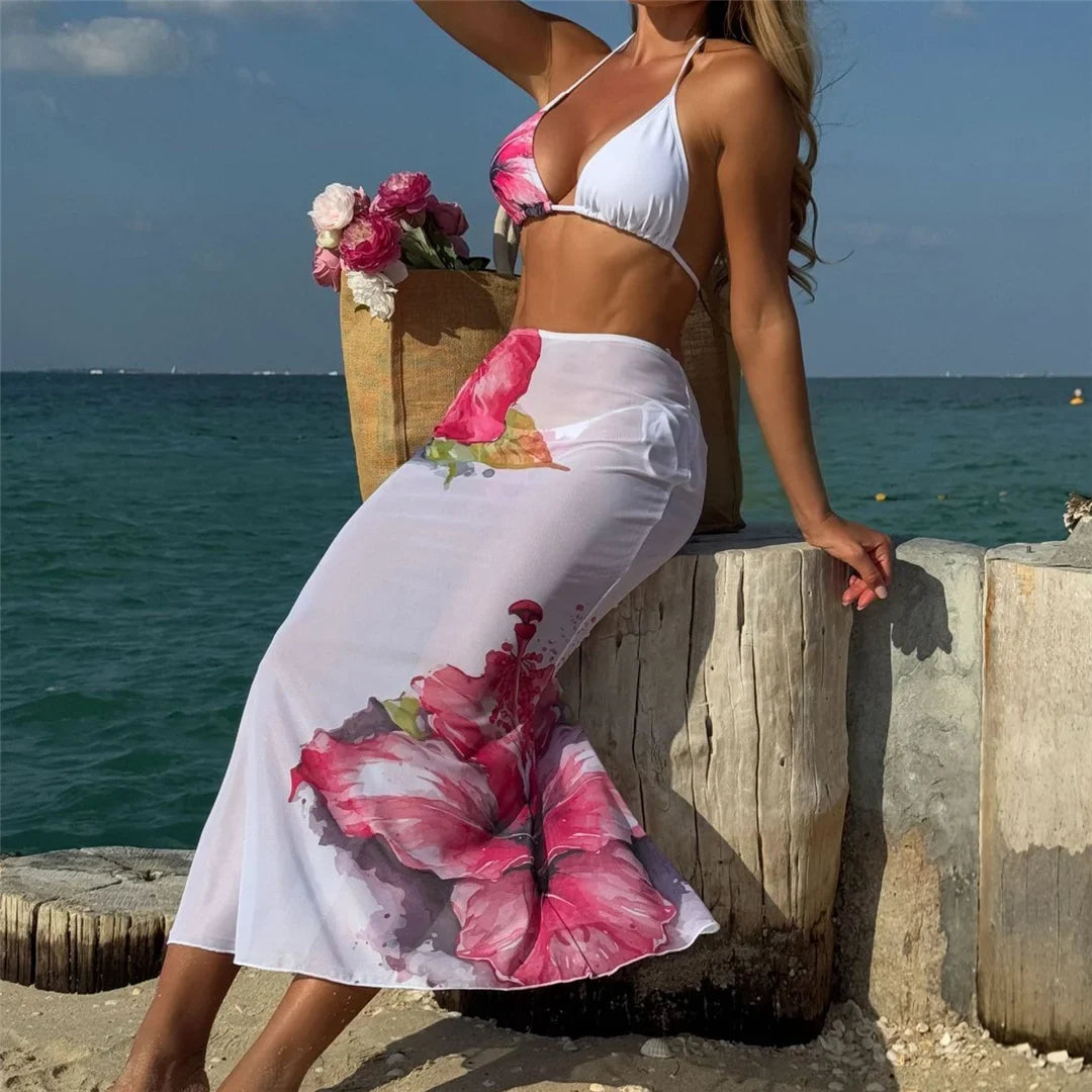10 Color Flowers Halter Bikini Female Swimsuit Women Swimwear Three-pieces Bikini set With Skirt Bather Bathing Suit Swim V6637C