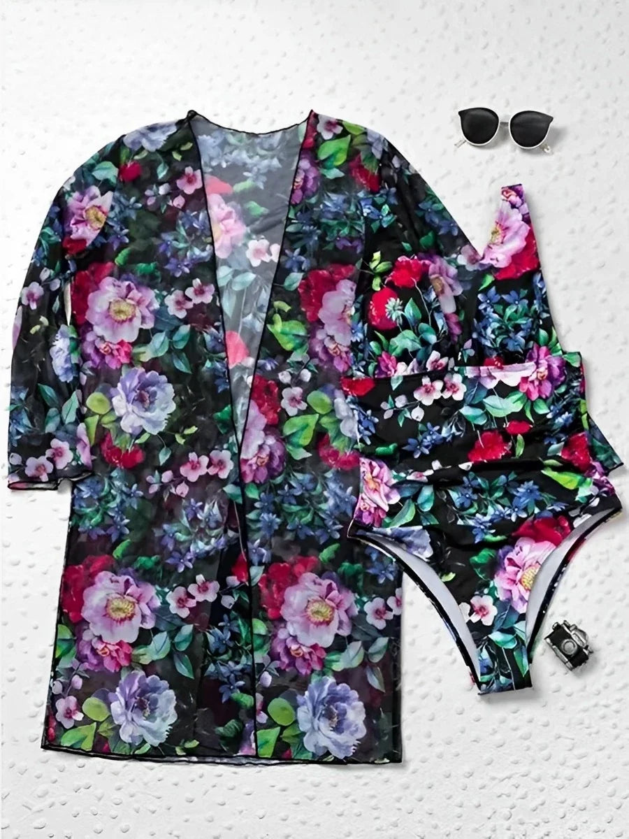 2026 Printed Swimsuit Women One Piece With Cover Up Floral Swimwear Female Beach Wear Push Up Bathing Swimming Swim Suit Summer