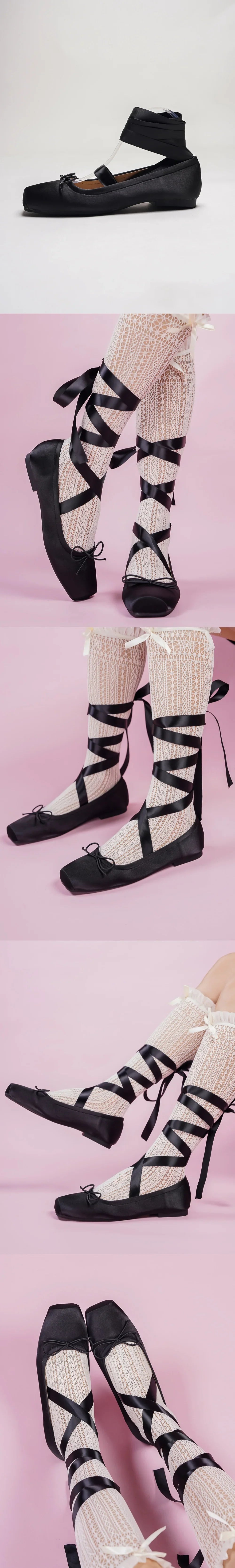 Balletcore Style Satin Lace-Up Flats for Women Black Ballerina Bow Detail Square Toe Ankle Wrap Ribbon Ballet Coquette Shoes