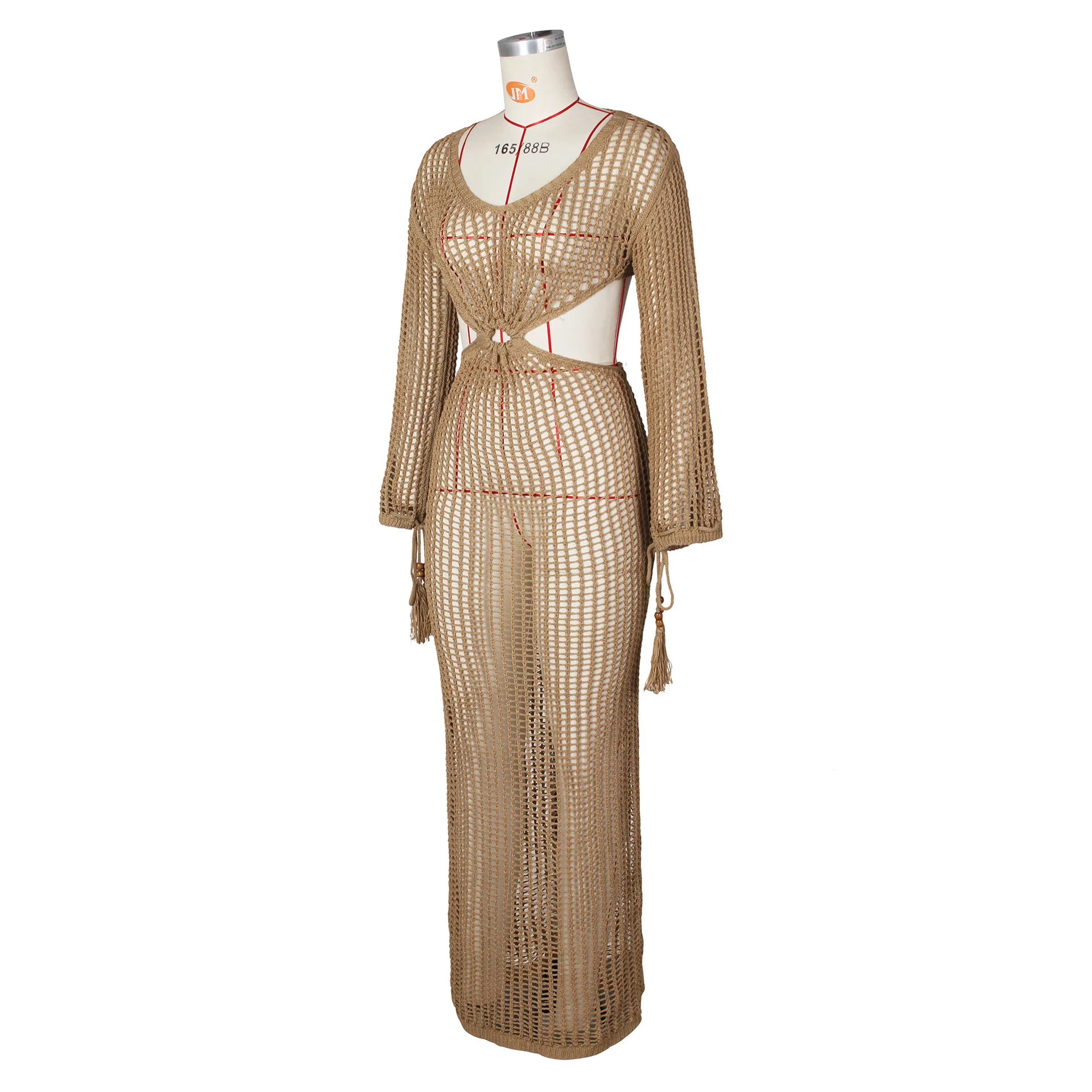 DEKA New Sexy Knit Mesh Cut Out Deep V Neck Long-sleeve Lace-up Fringe Tunic Summer Women Swimsuit Cover-ups Beach Maxi Dress